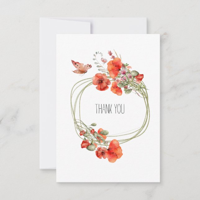 Red Poppy Flowers Wreath Watercolor Art Thank You Card (Front)