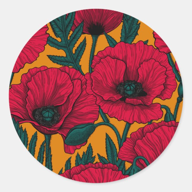 Red poppy garden classic round sticker (Front)