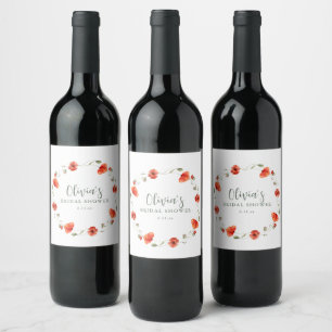 Red Poppy Garden Floral Bridal Shower Wreath Wine Label