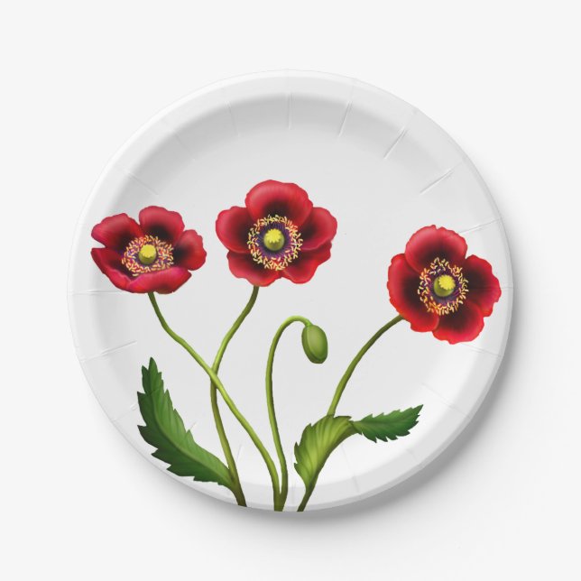 Red Poppy Garden Flowers Paper Plates (Front)