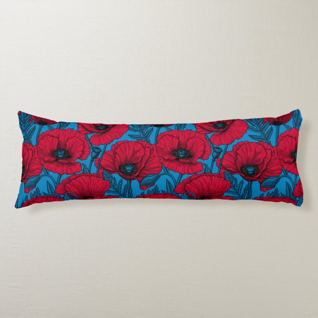 Red poppy garden on blue body cushion (Front)