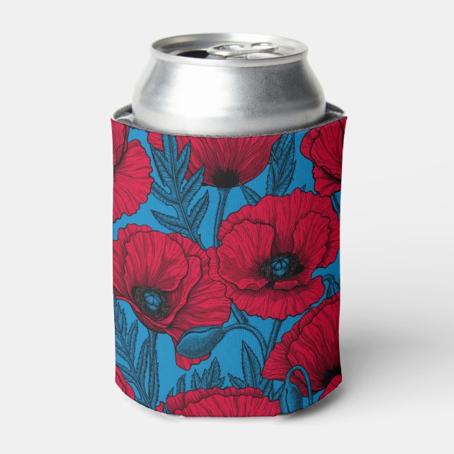 Red poppy garden on blue can cooler (Can Front)