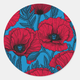 Red poppy garden on blue classic round sticker