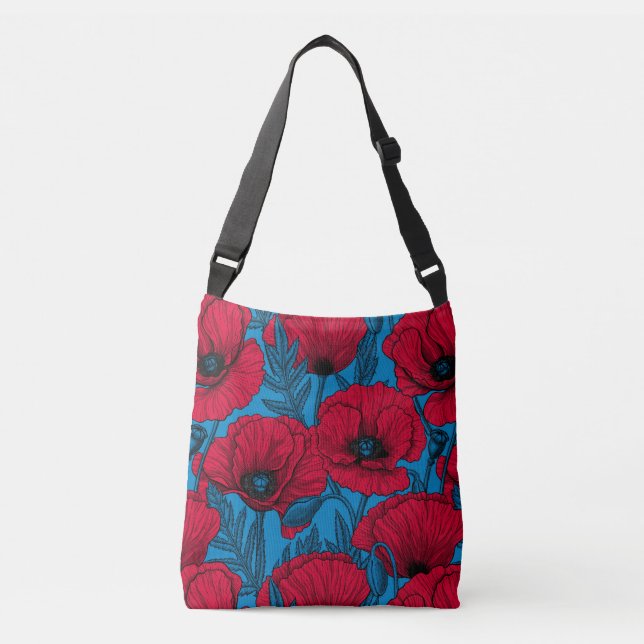 Red poppy garden on blue crossbody bag (Front)