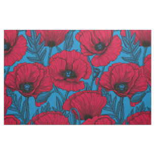 Red poppy garden on blue fabric