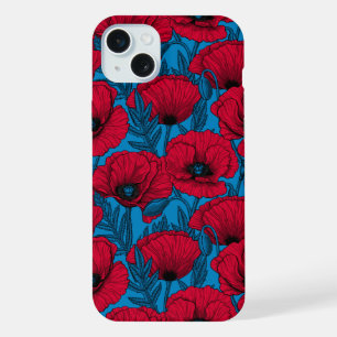 Red poppy garden on blue iPhone 15 plus case