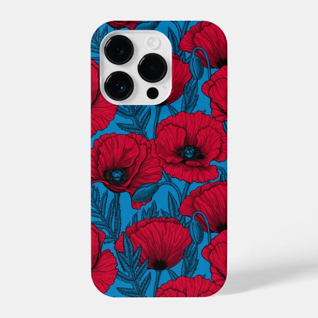 Red poppy garden on blue iPhone case (Back)