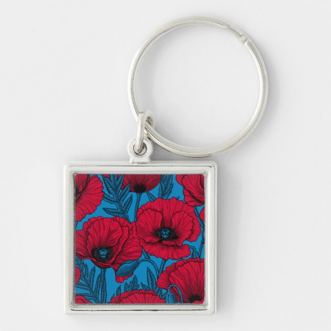 Red poppy garden on blue key ring (Front)