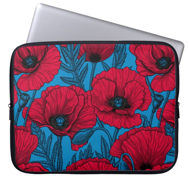 Red poppy garden on blue laptop sleeve (Front)