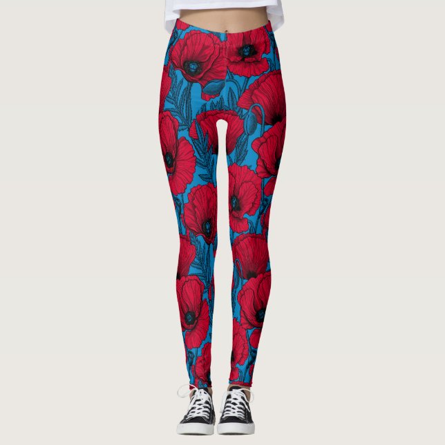 Red poppy garden on blue leggings (Front)
