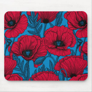 Red poppy garden on blue mouse mat