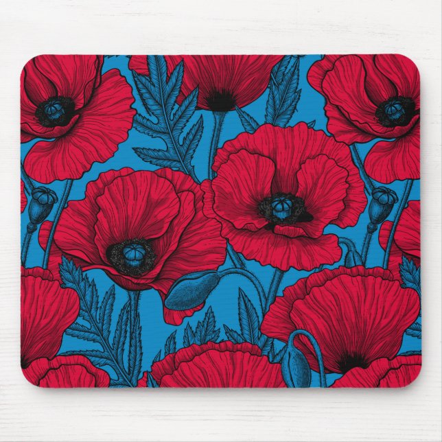 Red poppy garden on blue mouse mat (Front)
