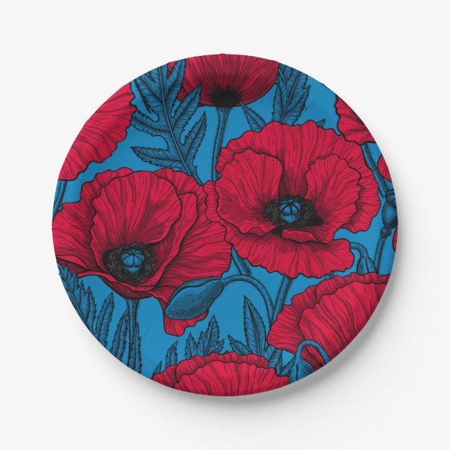 Red poppy garden on blue paper plate (Front)