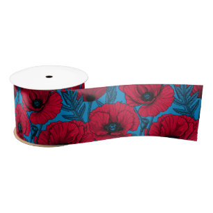 Red poppy garden on blue satin ribbon