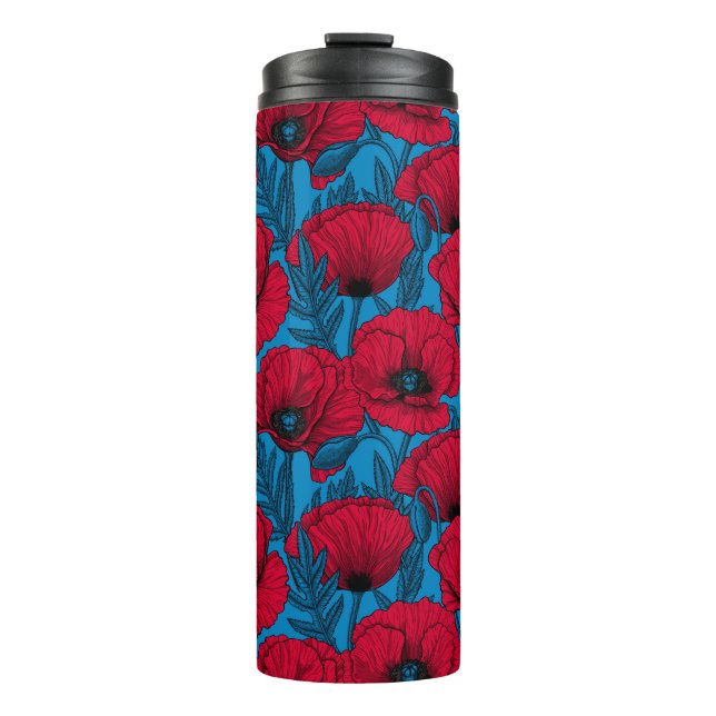 Red poppy garden on blue thermal tumbler (Front)