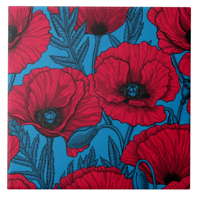 Red poppy garden on blue tile (Front)