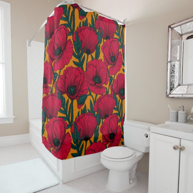 Red poppy garden shower curtain (In Situ)