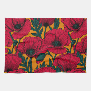 Red poppy garden tea towel