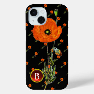 RED POPPY IN BLACK RUBY GEMSTONE MONOGRAM iPhone 15 CASE