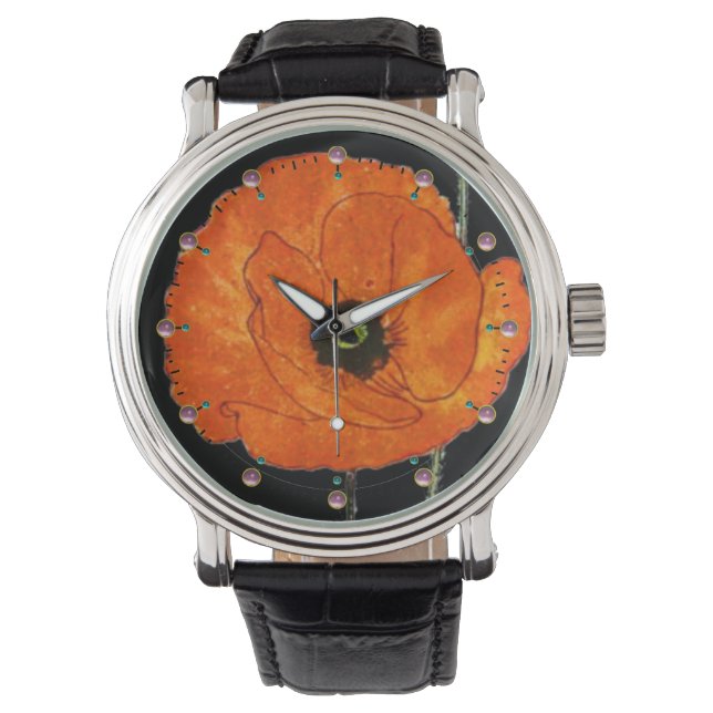 RED POPPY IN BLACK WITH GEMSTONES WATCH (Front)