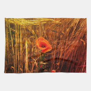 Red Poppy In Golden Wheat Field Thanksgiving Tea Towel