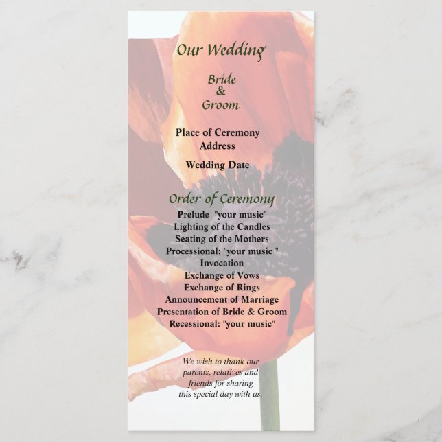 Red Poppy in Sunshine Wedding Program Programme (Front)