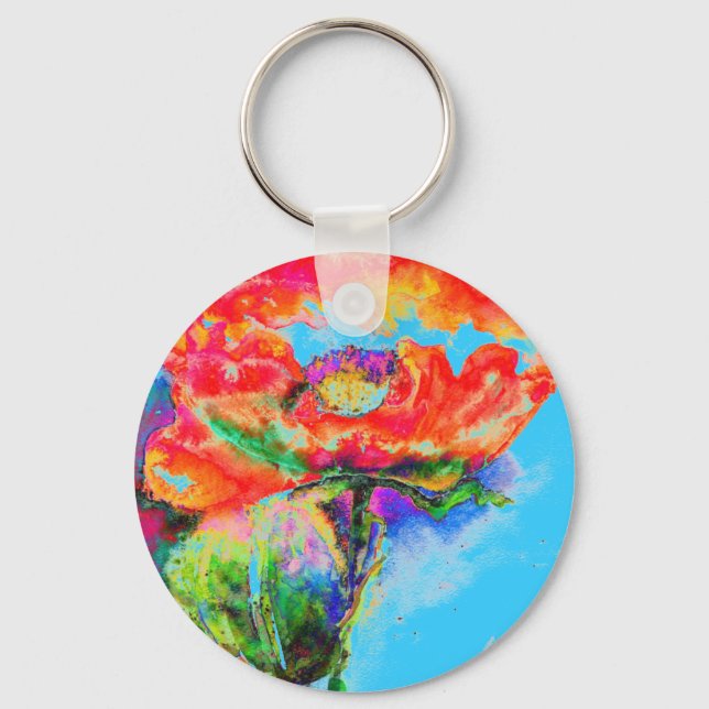 Red Poppy -light blue background Key Ring (Front)