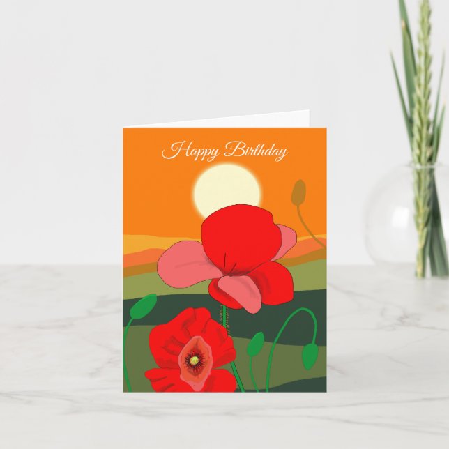 Red Poppy Meadow at Sunset Botanical Personalised  Card (Front)