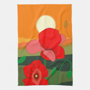 Red Poppy Meadow at Sunset   Tea Towel