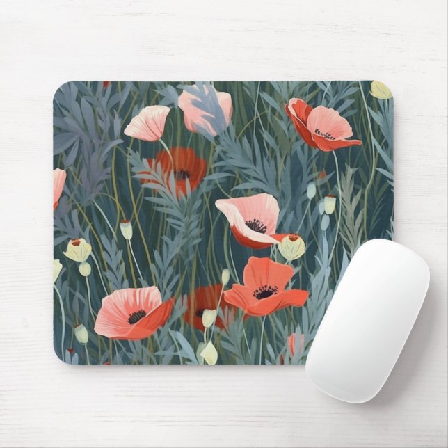 Red Poppy Meadow Mouse Mat (With Mouse)