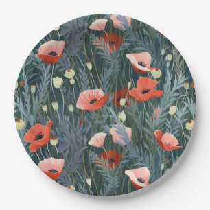 Red Poppy Meadow Paper Plate