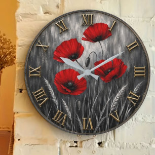 Red Poppy Modern Botanical Floral Black & White Large Clock