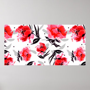 Red Poppy on a white background with grey stripes. Poster