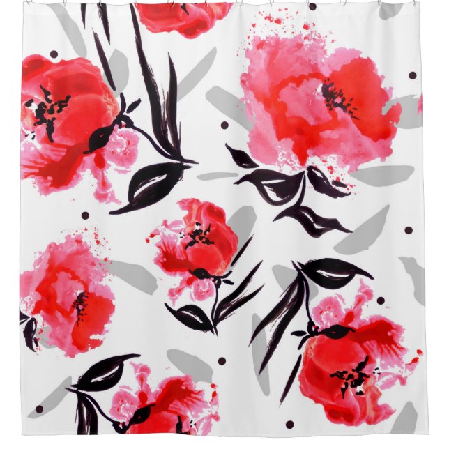 Red Poppy on a white background with grey stripes. Shower Curtain (Front)