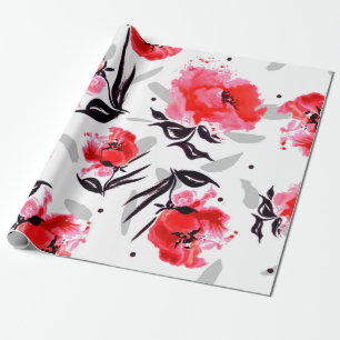 Red Poppy on a white background with grey stripes. Wrapping Paper