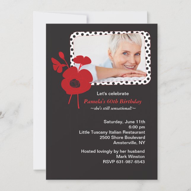 Red Poppy on Black Photo Invitation (Front)