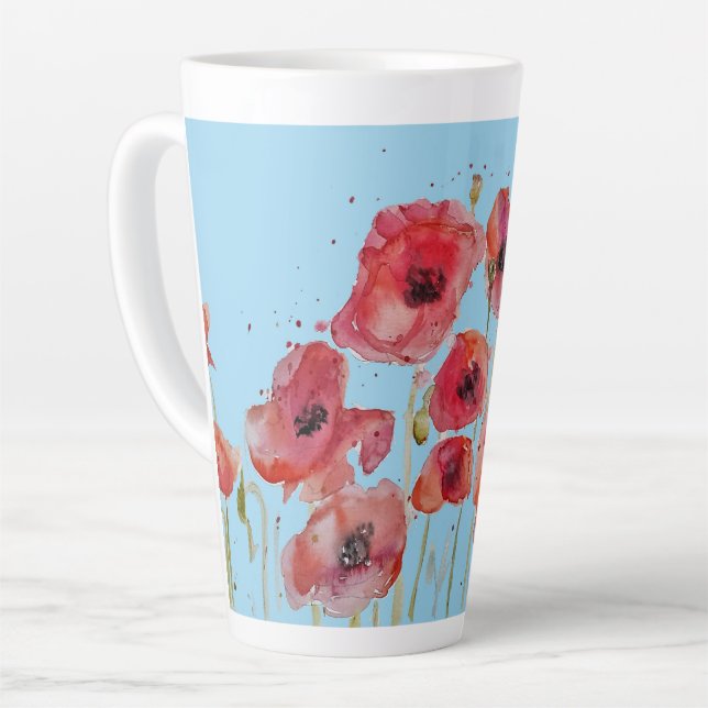 Red Poppy on Blue Watercolour Poppies Art Mug (Left Angle)