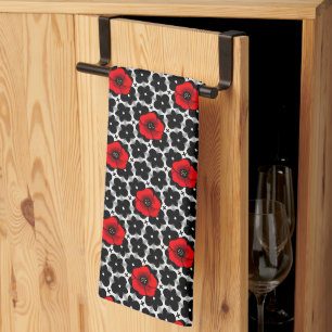 Red Poppy on Goth Flowers Tea Towel