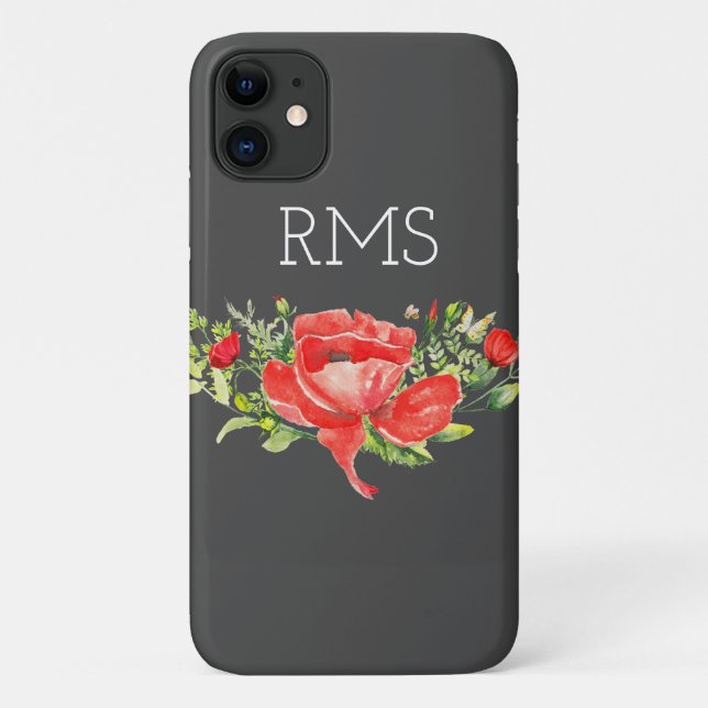 Red Poppy on Grey Customisable Monogram  Case-Mate iPhone Case (Back)