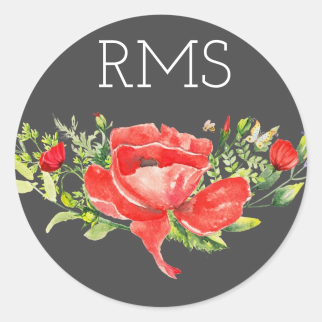 Red Poppy on Grey Customisable Monogram  Classic Round Sticker (Front)