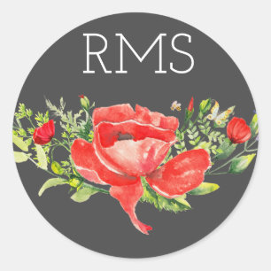 Red Poppy on Grey Customisable Monogram Classic Round Sticker