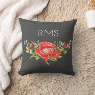 Red Poppy on Grey Customisable Monogram  Cushion