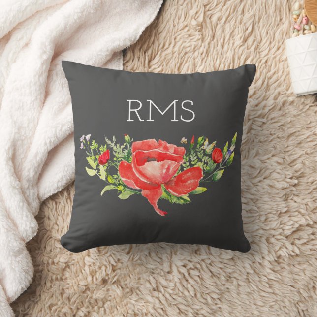 Red Poppy on Grey Customisable Monogram  Cushion (Blanket)