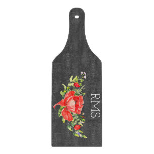Red Poppy on Grey Customisable Monogram  Cutting Board