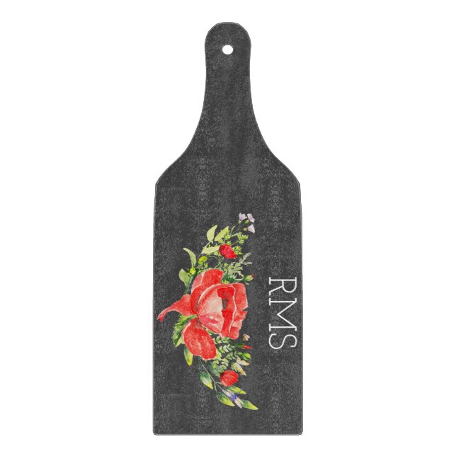 Red Poppy on Grey Customisable Monogram  Cutting Board (Front)