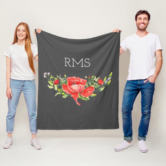 Red Poppy on Grey Customisable Monogram   Fleece Blanket (In Situ)