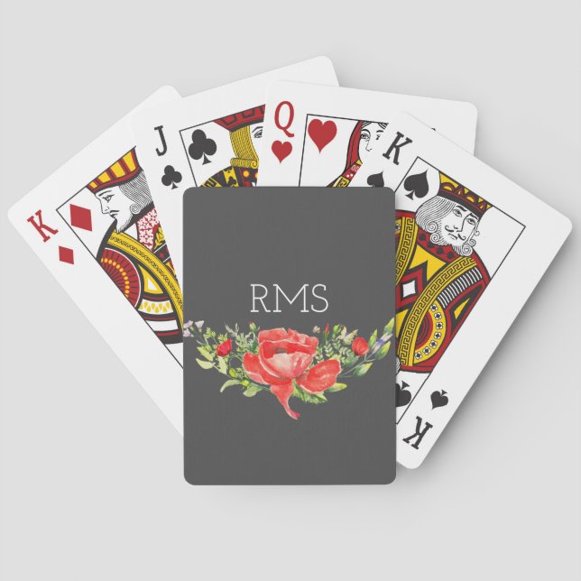 Red Poppy on Grey Customisable Monogram  Playing Cards (Back)