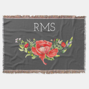 Red Poppy on Grey Customisable Monogram   Throw Blanket