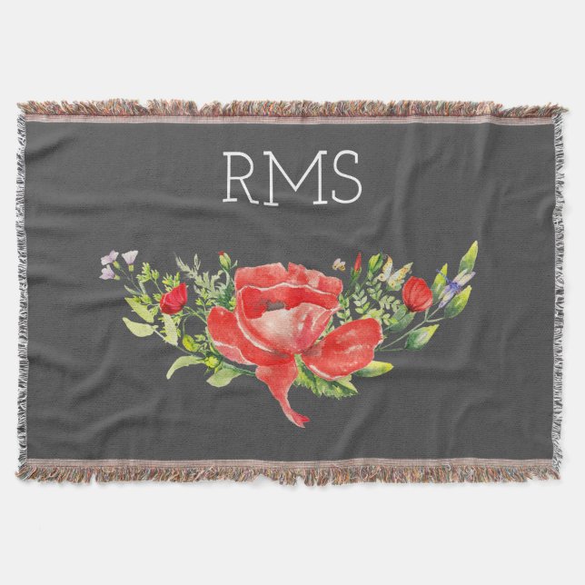 Red Poppy on Grey Customisable Monogram   Throw Blanket (Front)