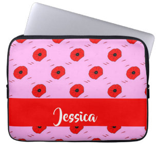 Red poppy on pink laptop sleeve